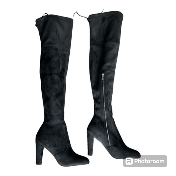 Over the Knee Black Faux Suede Block High Heel Boots Black Women size 8 - Picture 1 of 17
